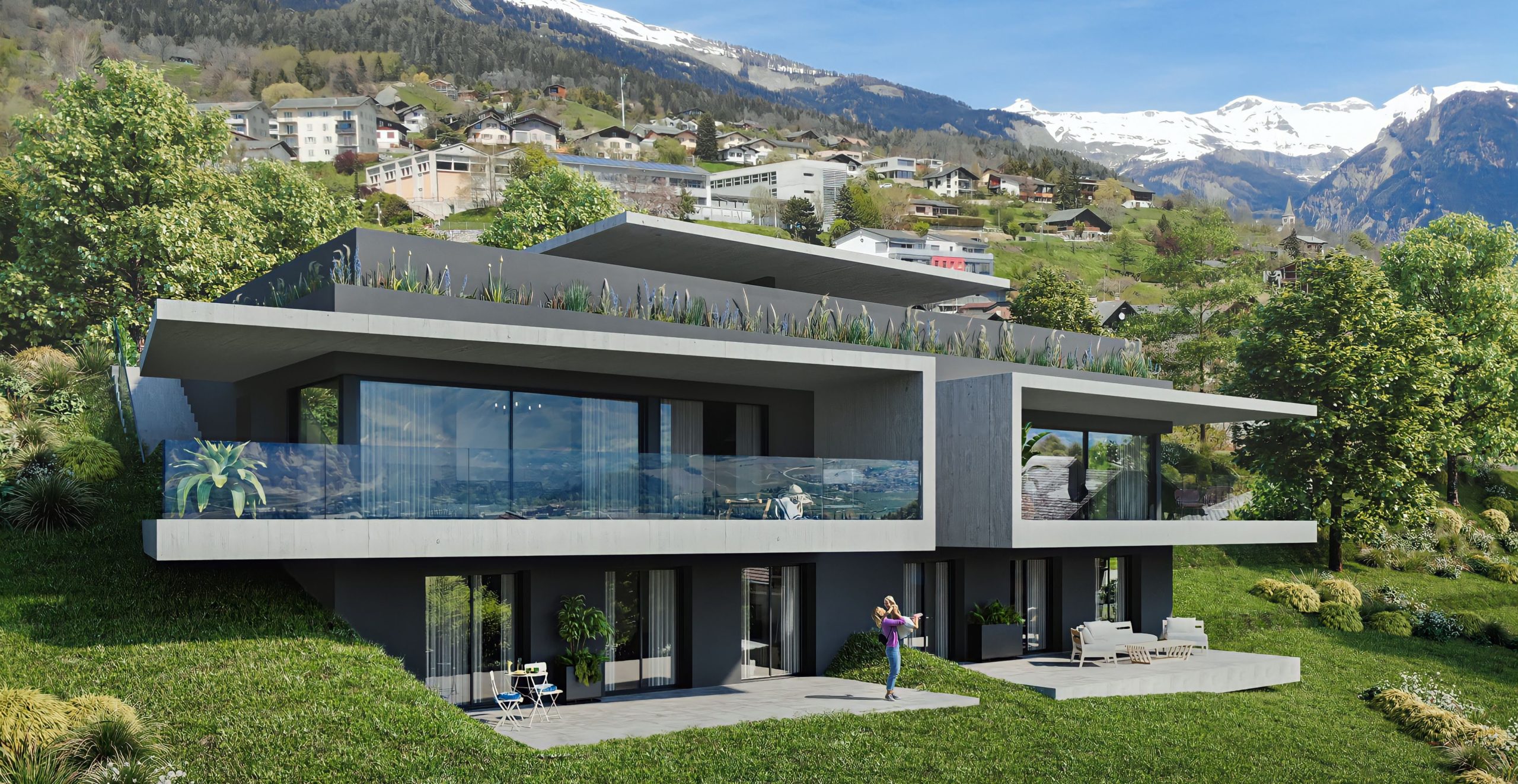 Villa jumelée contemporaine avec vue sur la plaine à Savièse